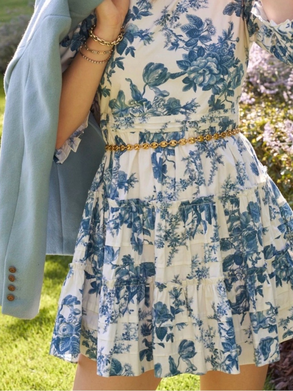 LoveShackFancy Blue Floral Tiered Mini Dress